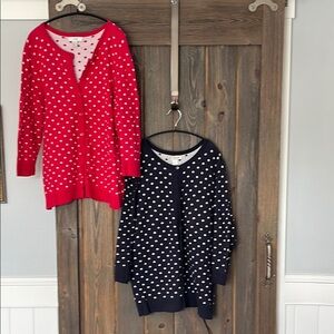 Red and navy polkadot cardigans